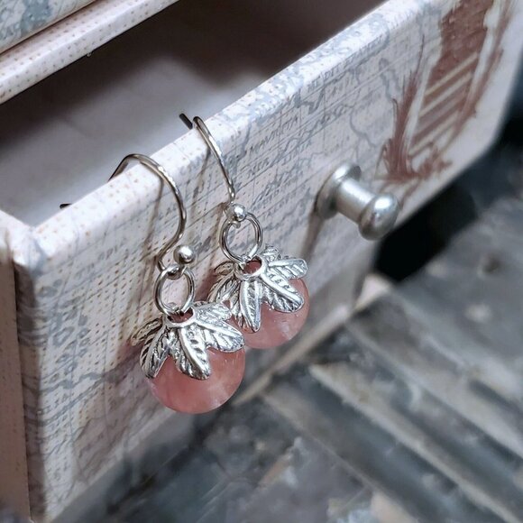 Artsy Leaf Capped Cherry Quartz Gemstone Dangle Silver Platinum Plated Earrings - Picture 3 of 11